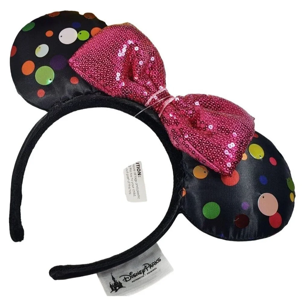 Disney Minnie Mouse Ears Headband Polka Dot Black Sequins Bow Hair Accessories